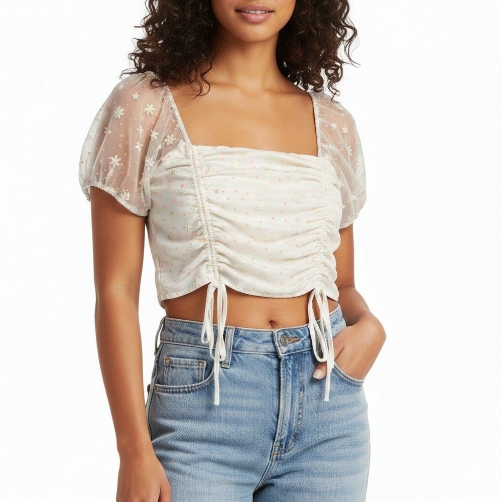 Altard State Floral Embroidered Mesh Ruched Crop Top Cream Large NWT